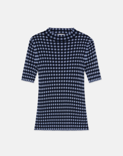 Lafayette 148 Gingham Responsible Matte Crepe Short Sleeve Sweater In Midnight Blue