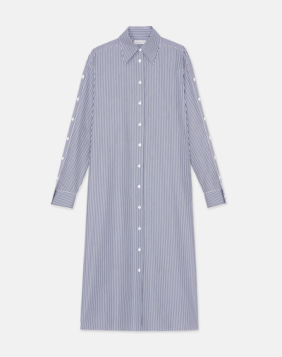 Lafayette 148 Stripe Cotton Poplin Button Sleeve Oversized Shirtdress In Midnight Blue
