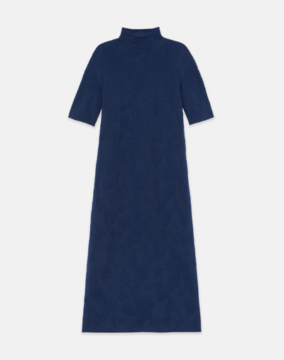 Lafayette 148 Mock-neck Floral Jacquard Midi Sweater Dress In Midnight Blue