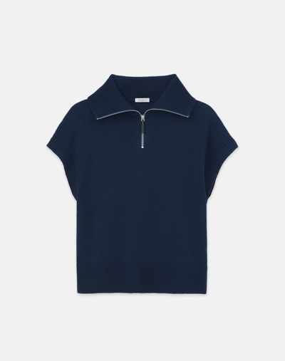 Lafayette 148 Cotton-silk Tape Half Zip Sweater In Midnight Blue