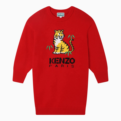 Kenzo Kids' Red Dress For Girl With Logo And Tiger In Rosso