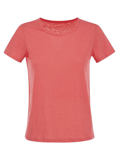 Majestic Crew Neck T Shirt In Linen And Short Sleeve In Pink