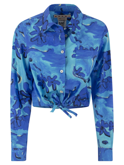 Marni Printed Poplin Drawstring Shirt Dress In Blue