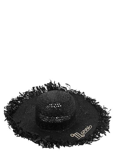 Marni Raffia Hat With Logo In Black