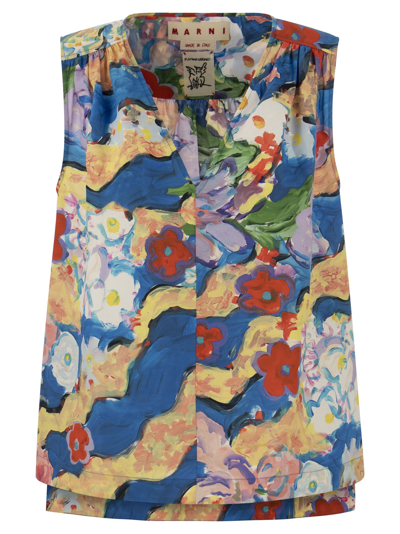 Marni Floral Painting-print Sleeveless Cotton Blouse In Multicolour