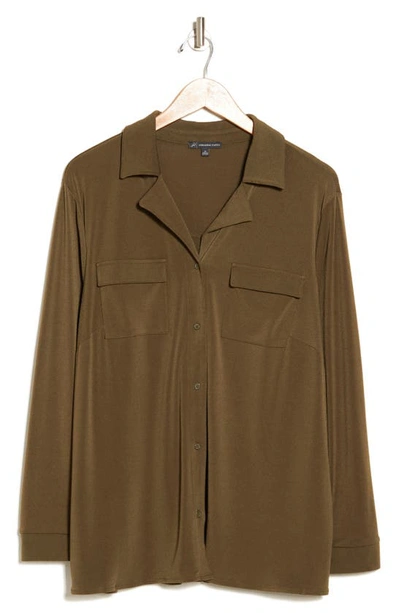 Adrianna Papell Long Sleeve Moss Crepe Button-up Shirt In Utility Green