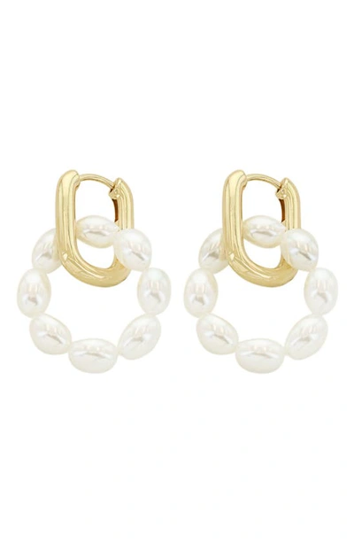 Panacea Imitation Pearl Drop Huggie Hoop Earrings. In White