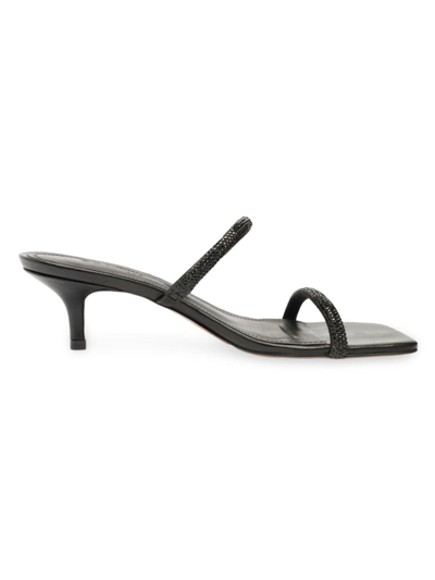 Schutz Women's Taliah Square Toe Crystal Strap Mid Heel Sandals In Crystal Black