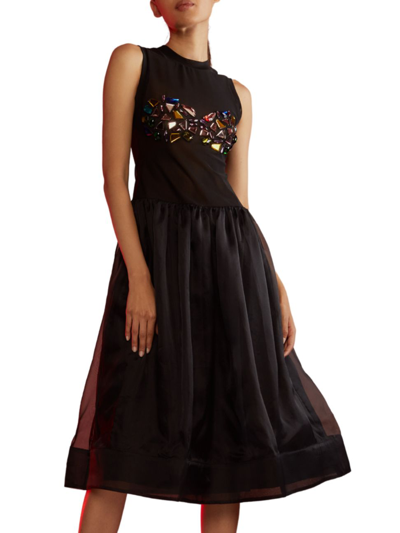 Cynthia Rowley Crystal-embellished Organza Midi Dress In Black