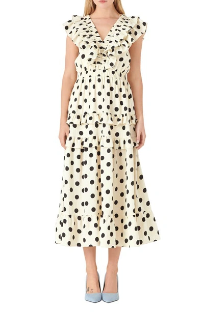 English Factory Polka Dot Ruffle Trim Midi Dress In Ivory,black