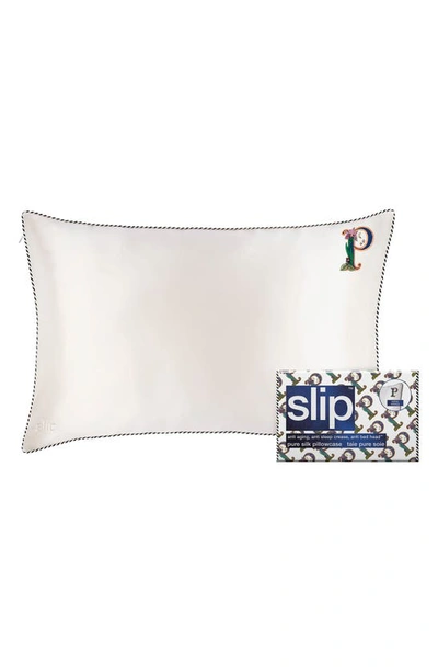 Slip Embroidered Pure Silk Queen Pillowcase In Letter P