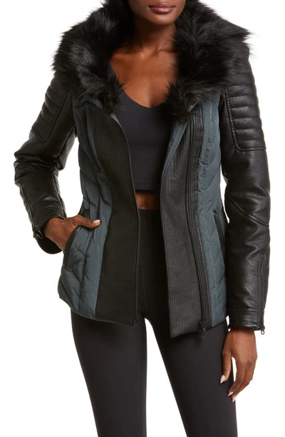 Blanc Noir Sophia Hooded Moto Puffer Jacket In Dark Forest