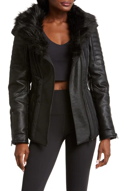Blanc Noir Sophia Hooded Mixed Media Faux Leather Quilted Jacket With Removable Faux Fur Trim In Black