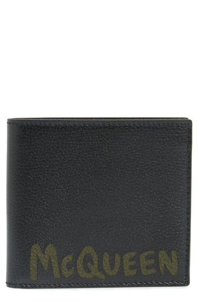 Alexander Mcqueen Graffiti Logo Leather Bifold Wallet In Black Khaki