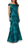 ADRIANNA PAPELL RUFFLE OFF THE SHOULDER JACQUARD MERMAID GOWN