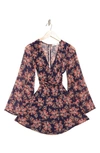 ROW A FLORAL BELL SLEEVE TWIST FRONT FIT & FLARE DRESS