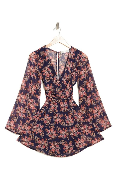 Row A Floral Bell Sleeve Twist Front Fit & Flare Dress In Navy Floral