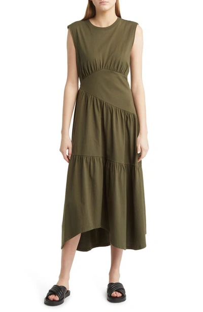 Frame Gathered Seam Organic Cotton A-line Midi Dress In Fatigue