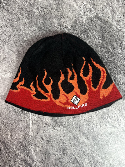 Pre-owned Vintage Y2k Hellfire Crazy Flames Overprint Beanie Japan Style Hat In Black
