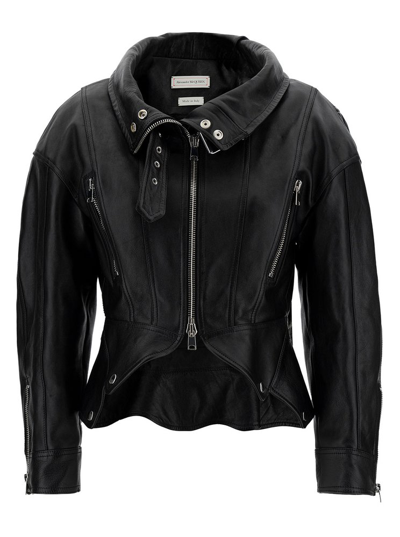 Alexander Mcqueen Peplum Zipped Leather Jacket In Black