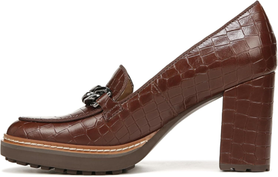 Pre-owned Naturalizer Women's Callie-moc Heeled Lug Sole Loafer Pump In Brown Croc Leather
