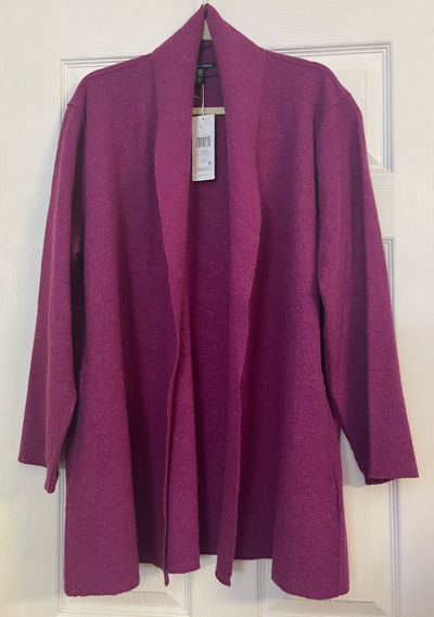 Pre-owned Eileen Fisher $348  Lightweight Boiled Wool High Collar Cardigan L In Purple