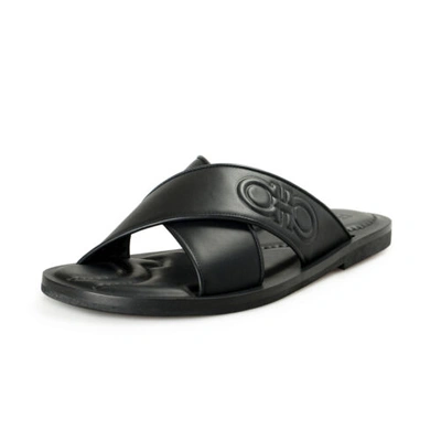 Pre-owned Ferragamo Salvatore  Men's "pegaso" Black Leather Sandals Flip Flops Shoes