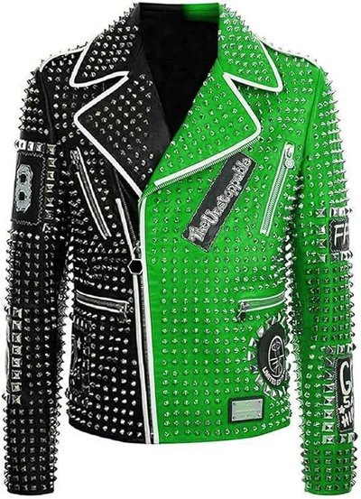 Pre-owned Brando Mens Green  Studded Spikes Punk Rock Motorcycle Two Tone Leather Jacket