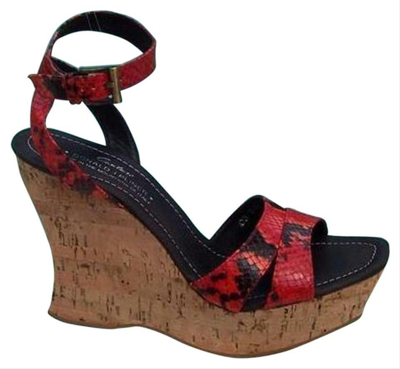 Pre-owned Donald Pliner Couture Hand Carved Cork Pitone Leather Wedge Shoe $250 In Red