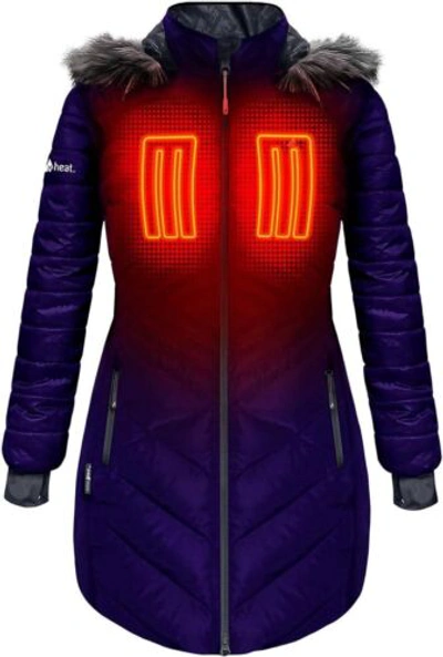 Pre-owned Actionheat 5v Battery Heated Long Puffer Jacket For Women W/faux-fur Hood,... In Indigo