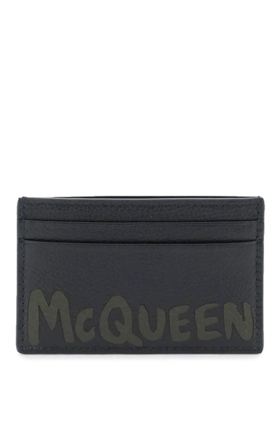 Alexander Mcqueen Graffiti Logo Leather Card Holder In Black,khaki