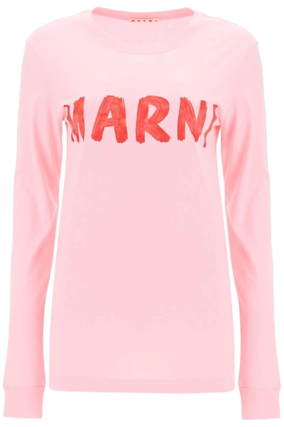 Marni Brushed Logo Long-sleeved T-shirt In Pink