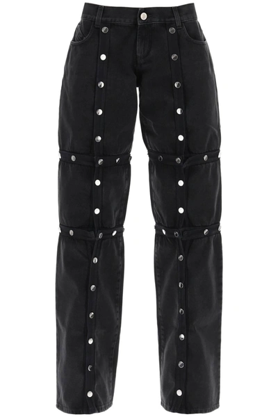 Attico Black Cotton Denim Pants With Logoed Snap Buttons For Women In Nero