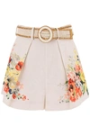 Zimmermann + Net Sustain Alight Belted Pleated Floral-print Linen Shorts In Ivory Floral