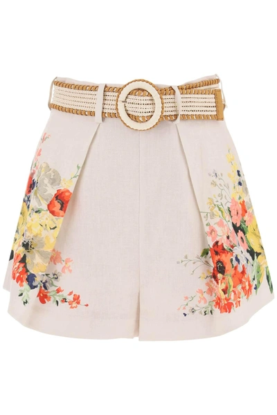 Zimmermann + Net Sustain Alight Belted Pleated Floral-print Linen Shorts In Ivory Floral