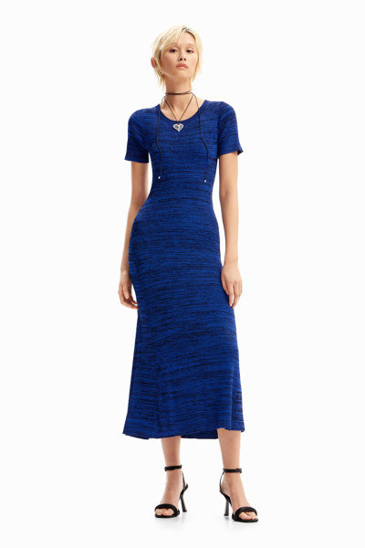 Desigual Long Mottled Ribbed Dress In Blue