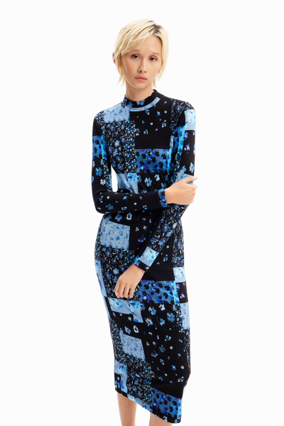 Desigual Floral Ribbed Midi Dress In Blue