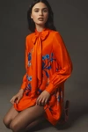 Maeve Long-sleeve Pussybow Floral Mini Dress In Orange