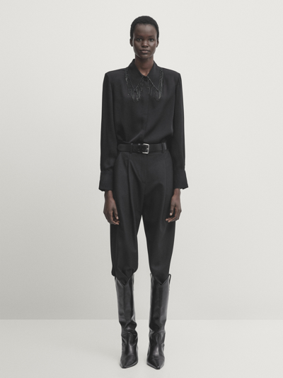 Massimo Dutti Cropped Shirt With Beaded Fringe On The Collar In Black