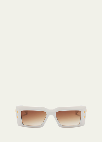 Balmain Imperial Acetate & Titanium Rectangle Sunglasses In Wht Gld