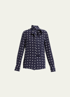 Valentino Crepe De Chine Polka Dot Blouse With Scarf Collar In Navy/ivory