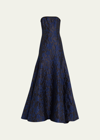 Naeem Khan Blue Jacquard Gown With Embroidered Detail In Black Navy
