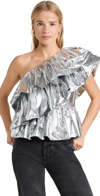 Endless Rose Metallic Tiered One-shoulder Peplum Top In Silver