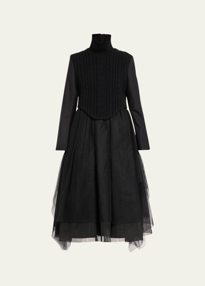 Noir Kei Ninomiya Mixed-media Wool Fit-flare Tulle Midi Apron Dress In Black