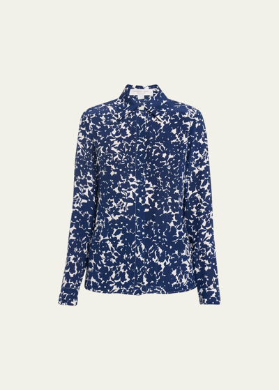 Michael Kors Hansen Floral Print Button-front Shirt In Optic White/ Navy