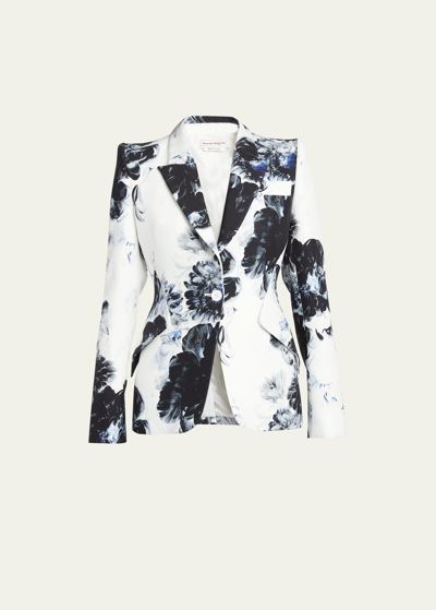Alexander Mcqueen Peak Shoulder X-ray Floral Print Blazer Jacket In White/black/electric Blue