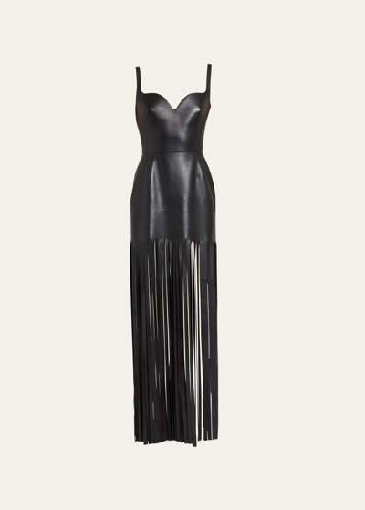 Alexander Mcqueen Sculpted Bust Leather Mini Dress With Fringe Trim In Black