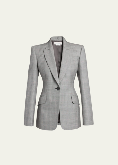 Alexander Mcqueen Prince Of Wales One-button Wool Blazer In Lead Ivory