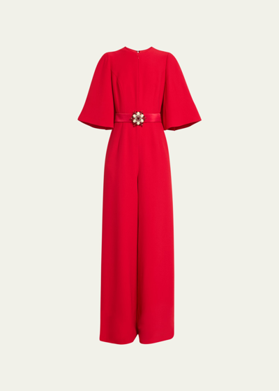 Andrew Gn Cape Wide-leg Belted Jumpsuit In Red