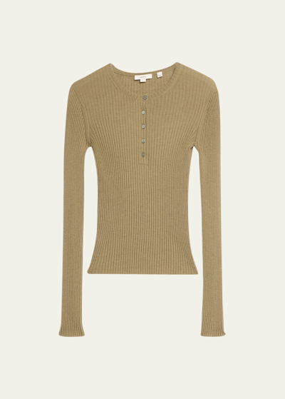 Vince Cashmere And Silk Ribbed Henley Shirt In Artichoke